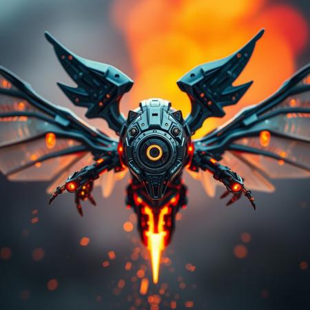 Symmetrical flying creature (gear powered) android with quad-wings, head with single eye, cyclops made of steel. Glowing, cinematic shot, motion blur, heat, flame, particles, highest quality