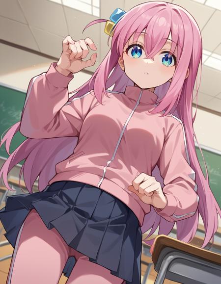 hitori gotou, blue eyes, cube hair ornament, hair between eyes, hair ornament, pink hair, one side up, long hair, black skirt, jacket, long sleeves, pants, pants under skirt, pink jacket, pink pants, pleated skirt, skirt, track jacket, track pants, track suit,