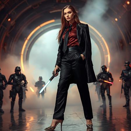 slender arrogant cold femme fatal lady wearing rich luxurious black glossy satin trouser suite, small size opulent glossy high heels, wine red  shirt, black silk tie, jewels, elegant small light saber, posing  standing, giant portal to outer space, fog from the floor, empire spaceship hangar, surrounded by halo odst troopers, fashion look, hollywood, vogue makeup, porcelain skin, long haired, ultrathin waisym reminiscent of H.R. Giger, Zdzisław Beksinski, and Ash Thorp's dark, sleek styles, with close-up glamour photography, glossy satin and silver heels glistening, fleshy slime dripping, and dark shadows.