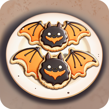 <lora:FoodIcons:0.7> fooico, bat shaped iced cookies, black and orange colors , game icon, professional, high quality, super cute, kawaii, 8k, adorable