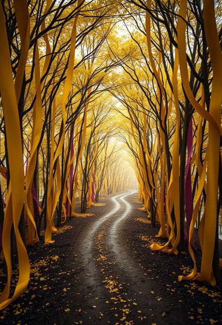Two roads diverged in a yellow wood,,  bending space, zPDXL , graceful ribbons, chiaroscuro effect, chaos and vibrancy, gravity-defying architecture, dramatic lighting None, and purple, Post-Apocalyptic undertones, whimsical