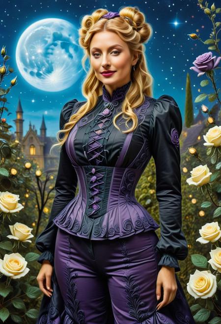 Organic Macabre, portrait, female, score_9, score_8_up, score_7_up, score_6_up,  UHD, 8K, masterpiece, detailed, ultra_high_resolution, lots of detail, OverallDetailXL, detailxl, victorian dress,  Masterpiece, 32k, photorealistic:1.4, score_9, score_8_up, score_7_up, European, blonde, ginger streaks, long hair, (small waist:2), fitness body, wide hips, slender legs, high cheekbones, oval face, 32 years old, realstic, natural eyes, Masterpiece, 32k, photorealistic:1.4, blonde, smiling, dynamic pose, double buns, hair ornament, red lipstick, long sleeves, purple boots, (garden:1.3), night, moon, (black roses:1.8).
