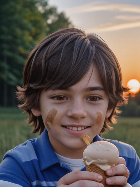 best quality, masterpiece, highres, detailed, perfect anatomy,  <lora:Detail - add_detail:0.2>,  <lora:FNaFGregory:0.7>, male child, brown hair, FNAFGregory, brown eyes, blue shirt with two stripes, one bandage on face, outside, forest, eating ice cream, happy, sunset, realistic,