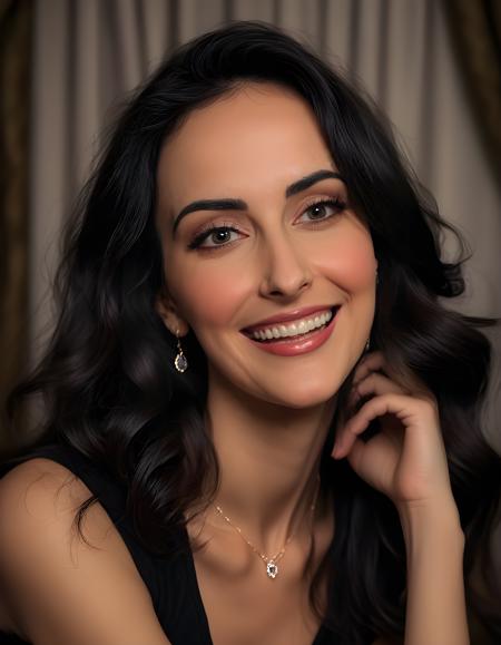 In a dimly lit, intimate studio adorned with vintage furniture and dark velvet curtains, D4N13L4B, a woman of radiant beauty, is captured in a close-up portrait. Her long, cascading black hair frames her face as she gazes directly at the viewer, her brown eyes sparkling with warmth and an infectious grin stretching across her lips. A delicate necklace made of shimmering diamonds and rubies rests upon her fair skin, adding a touch of elegance to her casual black t-shirt and jeans ensemble. The soft, warm light filters in from the side, casting a halo around her head and illuminating the subtle details of her features, creating an emotional tone that is both inviting and captivating.