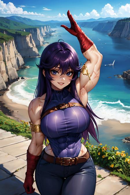 masterpiece, best quality, <lora:ramia-nvwls-v1-000010:0.9> ramia, purple hair, scar, bandages, ribbed sweater, leotard, belt, pants, looking at viewer, large breasts, arm up, happy, smile, muscular, sky, ocean, cliffs, mountains