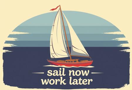 graphical art, sailboat, poster design, text "Sail now work later", vintage retro style,
