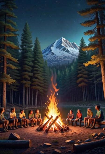 8k, hyper realistic, depth, night, Unbelievably huge campfire, American chirdren's summer camp