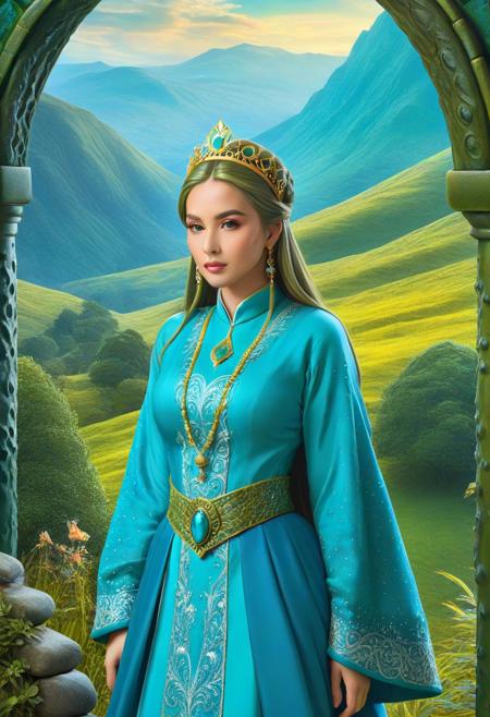 Queen made of dvr-pckl, magical landscape with enchanted elements, fantasy art style, slate blue theme, intricate details, ultra sharp, exquisite detail, flawless composition, vivid colors, masterpiece, Super model, portrait, stoic, expressionless, beautiful, photorealistic, UHD, 8K, masterpiece, detailed, ultra_high_resolution, lots of detail, YurYuna, modest, sfw, gorgeous, looks beautiful and aesthetic, colorful background, key visual, luxurious, artistic, high resolution, digital art, visual aesthetics, contemporary design, vibrant colors, artistic composition,  elegant, intricate detailing, modern,