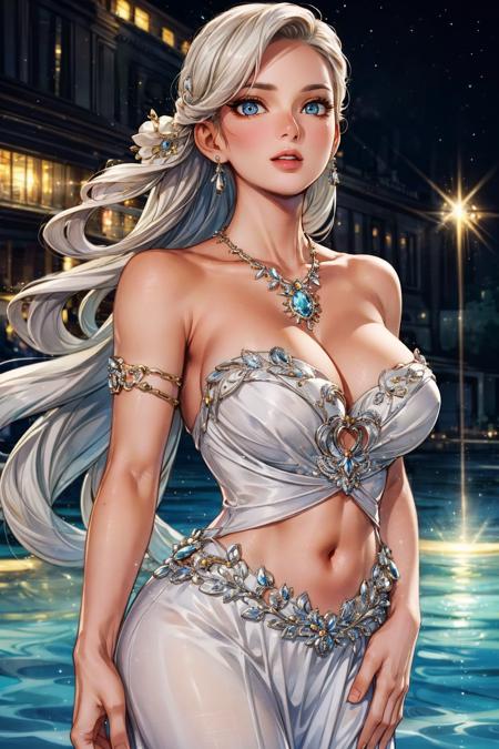 (mature woman:1.3), solo, long white hair, open neckline, navel, (light blue:1.3) long dress,  <lora:beautifulDetailedEyes_v10:0.8>, <lora:add_detail:0.8>, ((masterpiece)), (high quality), (best quality), (detailed), hd, perfect night lighting, detailed face, detailed body,  <lora:DiamondDress:0.8>, dimond, brilliant