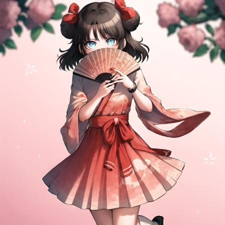 toshi, 1girl, blue eyes, bow, solo,  brown hair, covering mouth, double bun, dress, folding fan, hair bow, hair bun, hand fan, holding, ((holding fan)), nail polish, parted bangs, short hair, red skirt, geta, white socks, bracelet,