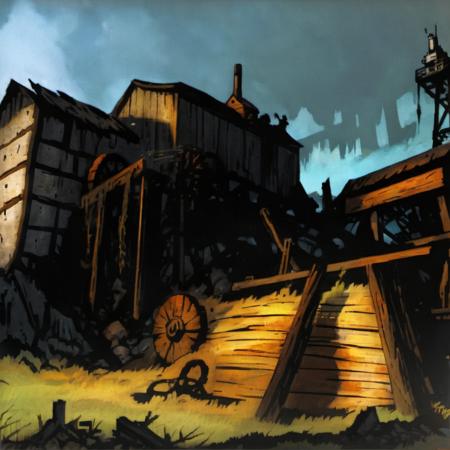 portrait, impressionistic painting by John Longstaff, DarkestDungeon, DDAreaNone, (thatch hut, shipwreck), idol, stone statue, cave, blue sky, sewer grate), wood barrels, metal barrels, wood wheels, waterwheel, windmill, powerlines, power pylons, mountain in the background, (HL2 beta, Half-Life 2 concept art, forest, quarrytown, (reflections in the water, pine trees atop cliff in the background, smokestacks set against the sky, minehead, mining equipment, oil pumps, industrial cooling tank, oil refinery, reactor, technology, furnace, pistons), bright blue summer sky, yellow low-angled early morning sunlight coming through detailed clouds, dark clouds), (extremely dark), masterpiece, best quality, cinematic composition, vibrant, best lighting