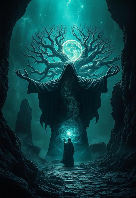 A universe inside a dark cloaked figure within mysterious landscape in an unfathomable realm of fantastic creation inhabited by ancient shadows of a forgotten time beyond the gate of the gateless gate where life is limitless, light is shadow and shadow is light, eerie sense, horror, spark of the beginning, existence and nonexistence at once, ethereal, outstretched arms, behold the end of the beginning, inglorious glory to the dark one, betrayal of the ancient order, beware the 7headed beast, destroyer of the old ways, bearer of the unbearable, nightmarish, archaic runes, tree aging backwards, breath of the gods, ruins of a place unimagined, extreme intricate detail, photorealistic, beyond epic scene, fate discarded, unseeable face of god, the end is the beginning, the beginning is the end, man arises as god dies, as above so below, as below so above, emerald tablet, thoth, guardian and saboteur of existence, hopeless hope, ghosts of the unborn, conception of the inconceivable, cosmic well of imperceptible perception, evil aura, infinite emptiness, pillars of void, overwhelming subtlety, sacred geometry