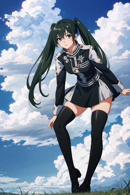 lenalee twintails, black jacket, black miniskirt, black thighhighs, knee boots