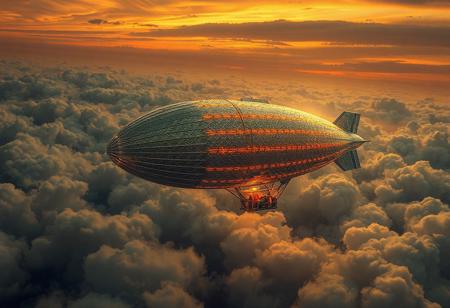 masterpiece, ultra-detailed, dutch angle view of a trippy zeppelin drifting through tangled circuits and misty clouds, metalic-scale patterns glowing under electric stormlight, silver colors, dark-orange sky background