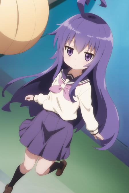 1girl, tsumiki_miniwa, purple hair, full body, school class background, little girl, long hair, ahoge