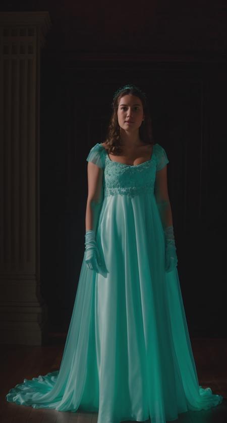 RAW photo, subject, 8k uhd, dslr, high quality, film grain, Fujifilm XT3, professional photo, (detailed skin:1.3), high quality, dress with lots of fabric layers, hard shadows,trim, young woman,  <lora:Bridgerton_Dresses:0.65> , bridgerton dress, empire waist, bridgerton clothing, gloves, (masterpiece, best quality, detailed, high resolution, vibrant colors, translucent), mystery, gothic, glowing dress, light blue glowing clothing, inside a dark room, lying on the ground, full body,