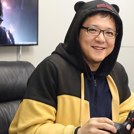 (8k, RAW photo, best quality, masterpiece:1.2),(realistic, photo-realistic:1.37), physically-based rendering,extremely detailed,highest quality,
miyazaki hidetaka, (yellow hoodie),bear hood, ((hood up)), smile,   leaning forward, looking at viewer,sitting, holding, holding  game controller, game console, video game, pizza box,living room, solo,
<lora:miyazaki_hidetaka:0.65>