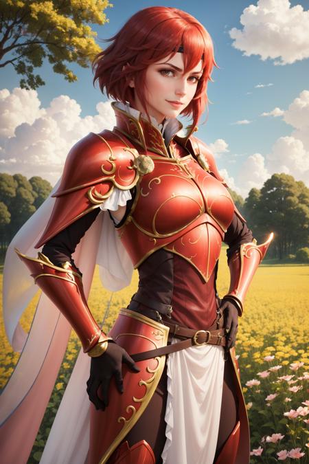 masterpiece, best quality, minerva, red armor, green headband, cape, red gloves, belt, armored legwear, upper body, looking at viewer, breasts, furrowed brow, smile, looking at viewer, from side, mature woman, one hand to hip, field, clouds, sky, trees <lora:minerva-nvwls-v1-000010:0.9>