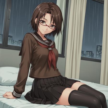 AdultTomoe, glasses, short hair, brown hair, earrings, brown eyes red beret, hat, bare shoulders, crop top, cleavage cutout, jacket, black skirt, pantyhose SchoolT0moe, glasses, short hair, brown eyes brown hair red hair school uniform, brown serafuku, black skirt, pleated skirt, black thighhighs white shirt