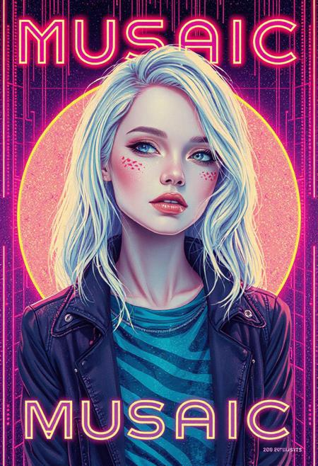high quality design aesthetics, synth pop, detailed, pop album cover, beautiful young white woman, artist name "Musaic"