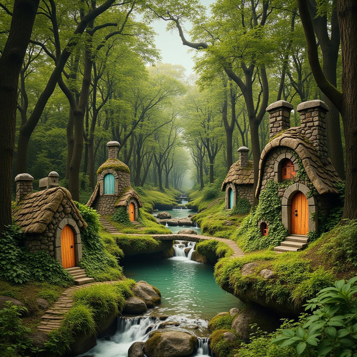 A fantasy fairy forest with a babbling stream and trees with fairy doors and windows with bridges here and there,