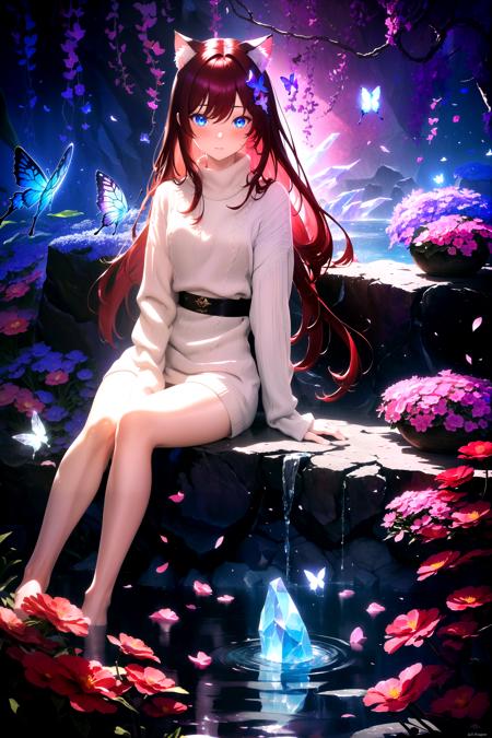 (masterpiece, best quality, highres), 1girl, raifu, solo, abstract, sitting,
BREAK
dark background, depth of field, rim lighting, flowers, petals,
crystals, cave, butterfly, vegetation, aura, magic, water,
BREAK
dark red hair, blue eyes, straight hair, cat ears, blush,
(medium breasts:0.8), mature female, white sweater,