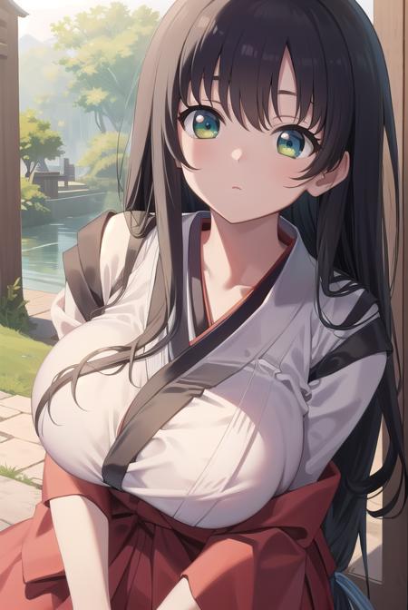 kasumiiwato, <lora:kasumiiwatotest:1>,
kasumi iwato, long hair, (black hair:1.5), (green eyes:1.3), (huge breast:1.2), (hair between eyes:1.5),
BREAK skirt, cleavage, japanese clothes, hakama, hakama skirt, miko,
BREAK looking at viewer,
BREAK outdoors, shrine,
BREAK <lora:GoodHands-vanilla:1>, (masterpiece:1.2), best quality, high resolution, unity 8k wallpaper, (illustration:0.8), (beautiful detailed eyes:1.6), extremely detailed face, perfect lighting, extremely detailed CG, (perfect hands, perfect anatomy),