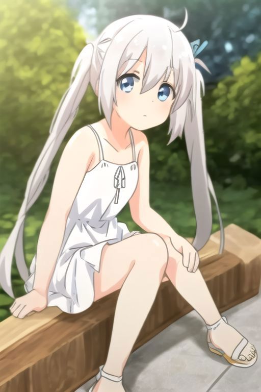 A young girl wearing a white dress is sitting on a wooden bench in the sunlight.