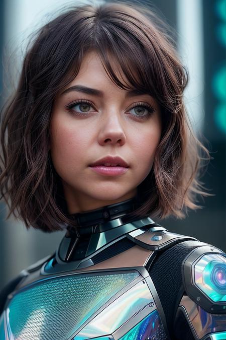 beautiful woman (S4r4hHyl4nd:.99), ((  Short chocolate brown shaggy bob hairstyle :1.2)), alternative jewellery, ((portrait)), (closeup:1.2), ((from the waist up)), ((( Futuristic dystopian city viewpoint with automated drone transportation networks :1.2 ))), natural skin texture,  (( <lora:conceptHolographic_holographicClothing:0.6:OUTS>holographic clothing, holographic, dress :1.3)), 24mm, 4k textures, soft cinematic light, adobe lightroom, photolab, hdr, intricate, elegant, highly detailed, sharp focus, ((((cinematic look)))), soothing tones, insane details, intricate details, hyperdetailed, low contrast, soft cinematic light, exposure blend, hdr, faded, now, ("I've got a bad feeling about this.":1.1)