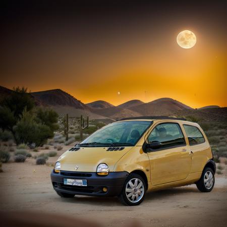 Twingo,  pearly yellow, in the desert, during the night, stars, moon, photography, trending on artstation, sharp focus, intricate details, highly detailed, by greg rutkowski   <lora:Twingo:0.9>