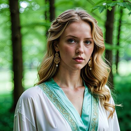 RAW analogue photo of a beautiful 25 years old woman, clear focus, high resolution image,  ,Beautiful woman golden blond hair, blue eyes, <lora:Njala_SDXL:0.65> ,A photo realistic shoot from a portrait camera angle about a portrait of a woman with long, wavy hair and striking beautiful eyes, wearing a green robe with gold embroidery. the image also shows a serene and ethereal atmosphere. on the middle of the image, a 20 years old woman appears to be looking at the viewer with a calm and serene expression, with her beautiful eyes looking directly at the camera. she has a slim body and is wearing earrings and a necklace. her long, curly hair is adorned with a hair ornament. her green robe has a plunging neckline, revealing her medium-sized breasts. the background is a blurred, green forest with soft, natural light filtering through the trees., Beauty, Realistic, Hot, Realistic_Beauty,   ,low light, soft natural light, Rembrandt style light, Hasselblad DLSR camera, 200mm Zeiss lens, f/2.8, ,Sexy pose, erotic pose, exhibitionism, ,A vibrant theater district with marquees and ticket booths