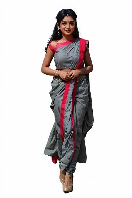 photo of mshti woman, conservatively dressed,  wearing Grey high neck Ghagra Choli that covers the neck breasts and midriff, dynamic pose, simple background <lora:mshti_Mishti_Chakraborty_SD15_LoRA_prodigy_local_regs:1>
