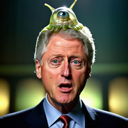 cinematic still studio portrait, 
President Bill Clinton,  dumbfounded,
person wearing  (brainslug alien hat:1.4) on head, candid pose,   (cross-eyed:1.5), round iris, frowning face, perfect eyes,
Holographic theater,
 <lora:BrainSlug_Alien_Hat_XL_V2.2:0.75> . emotional, harmonious, vignette, highly detailed, high budget, bokeh, cinemascope, moody, epic, gorgeous, film grain, grainy
