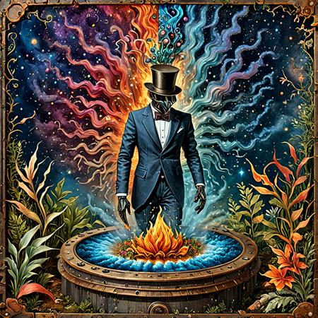 Hieronymus Bosch and Remedios Varo illustration of a dapper automaton in a suit, emerging from an embryonic nebula colorful iridescent liquid, a rising creature bathes in cosmic flame, plants floating against a blue sky background, steampunk television set, cyberpunk psychedelia, decorated by mushroom and floral Graffiti Art Nouveau flourishes  <lora:artfully4QUAD_SDXL_V1:1> <lora:NaviDiscoTechXL:.5>