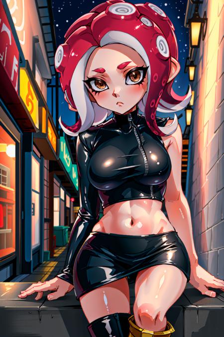 (masterpiece, best quality, highres, ultra detailed:1.2), (solo, 1girl), (soft lighting), (sexy pose), medium breasts, agent_8, tentacle_hair, octarian, red hair, short hair, pencil skirt, midriff, boots, frown, (detailed background, city, nighttime, night:1.1)