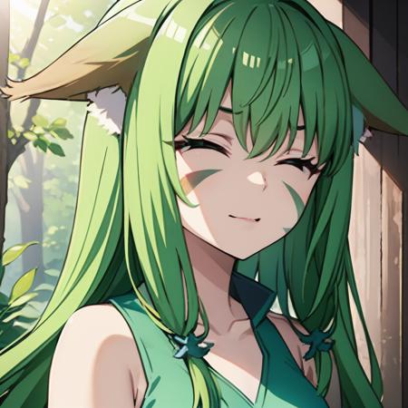 face lighting,bright backlight,super high resolution,best quality,Photos,4k,huyao,1girl,
(animal ears:0.9),green hair,long hair,close the eyes,<lora:huyao_40:0.9>,facial markings,nature,(woman's) dress,solo,forest,day,