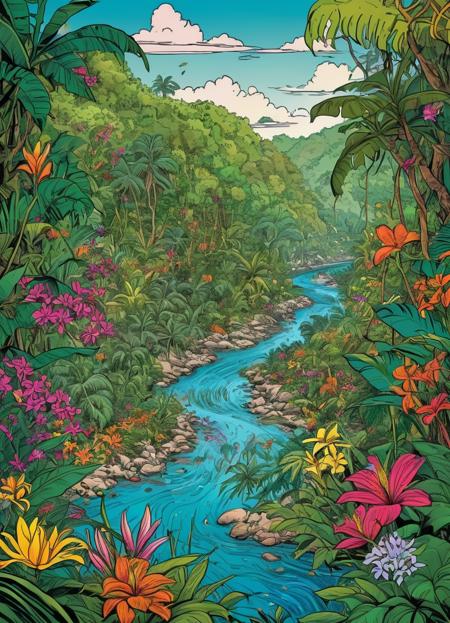 comic, jungle, river, flowers, extremely detailed, colorful