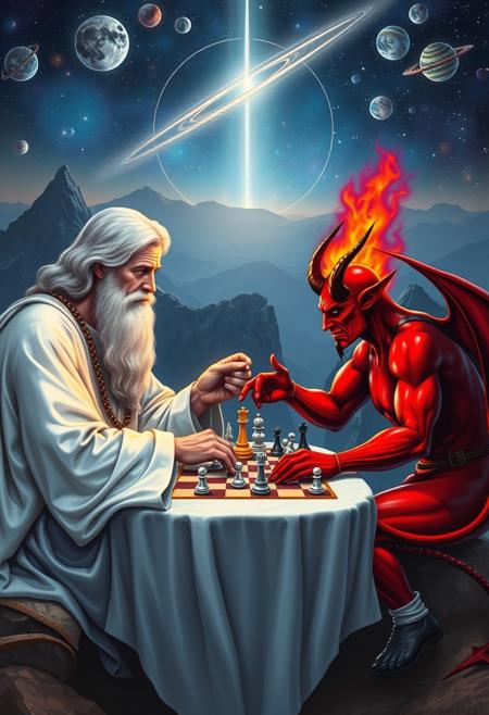god and the devil are playing chess, they are sitting at a table in a mountain top with celestial bodies, or a cosmic backdrop, god is despicted as a wise old man in white robes and a long beard, the devil is red with horns , the chess pieces are little humans, they both look very concentrated and looking at chessboard, divine light surrounding God, hellfire glow around the Devil