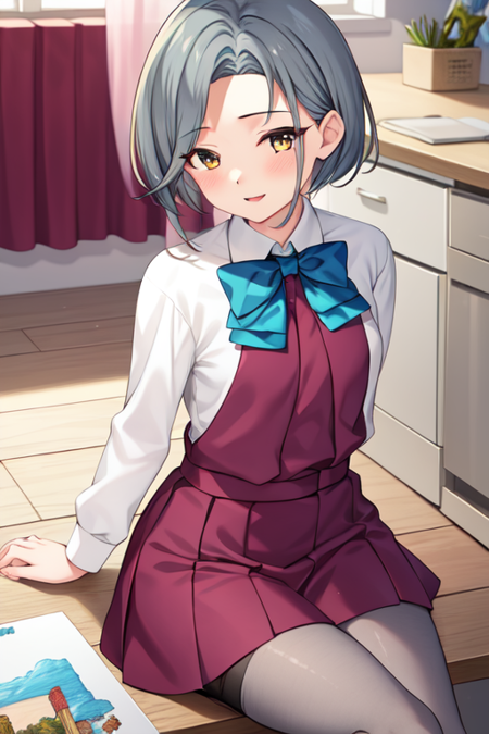 tamanamiKC, short hair, shirt, long sleeves, dress, bow, school uniform,pantyhose, bowtie, purple dress, forehead,pleated dress, grey pantyhose, mole on neck