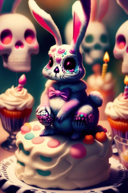 digital art sug4rT3CH rabbit at a birthday party <lora:sugarTECHv2:1> colorful