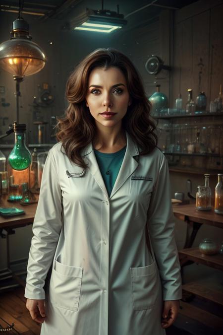 Laboratory, table, wendy, camillia, , jennadds, sexy female cyborg, mature lady, lab coat, biocham, labcoat, BREAK, unreal engine, elegant, epic composition, art nouveau, colorful coat, latex coat, eyesgen, perfect eyes, beautiful eyes, big iris, big pupils, Older woman, brunette, breasts, massive breasts.