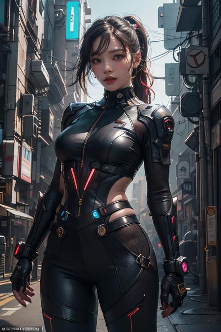 (1girl:1.3), solo, raw photo, potrait (a girl in a futuristic outfit), gloves, extremely detailed,(cyberpunk:1.1), highest detailed, dynamic pose, waist up, (photorealistic:1.4) <lora:CyberPunkAI:0.3>