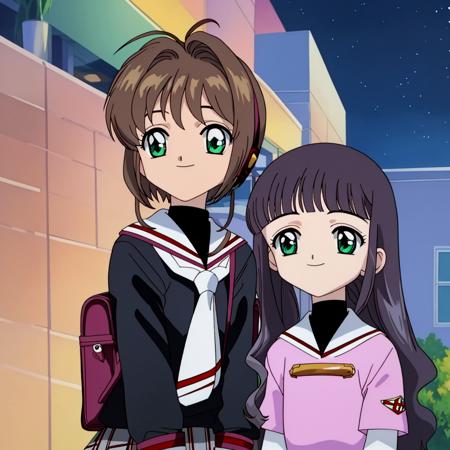 masterpiece, highres, outside, starry sky, night, kinomoto_sakura with green eyes and daidouji_tomoyo with black eyes, tomoeda_elementary_school_uniform, 2girls, smiling