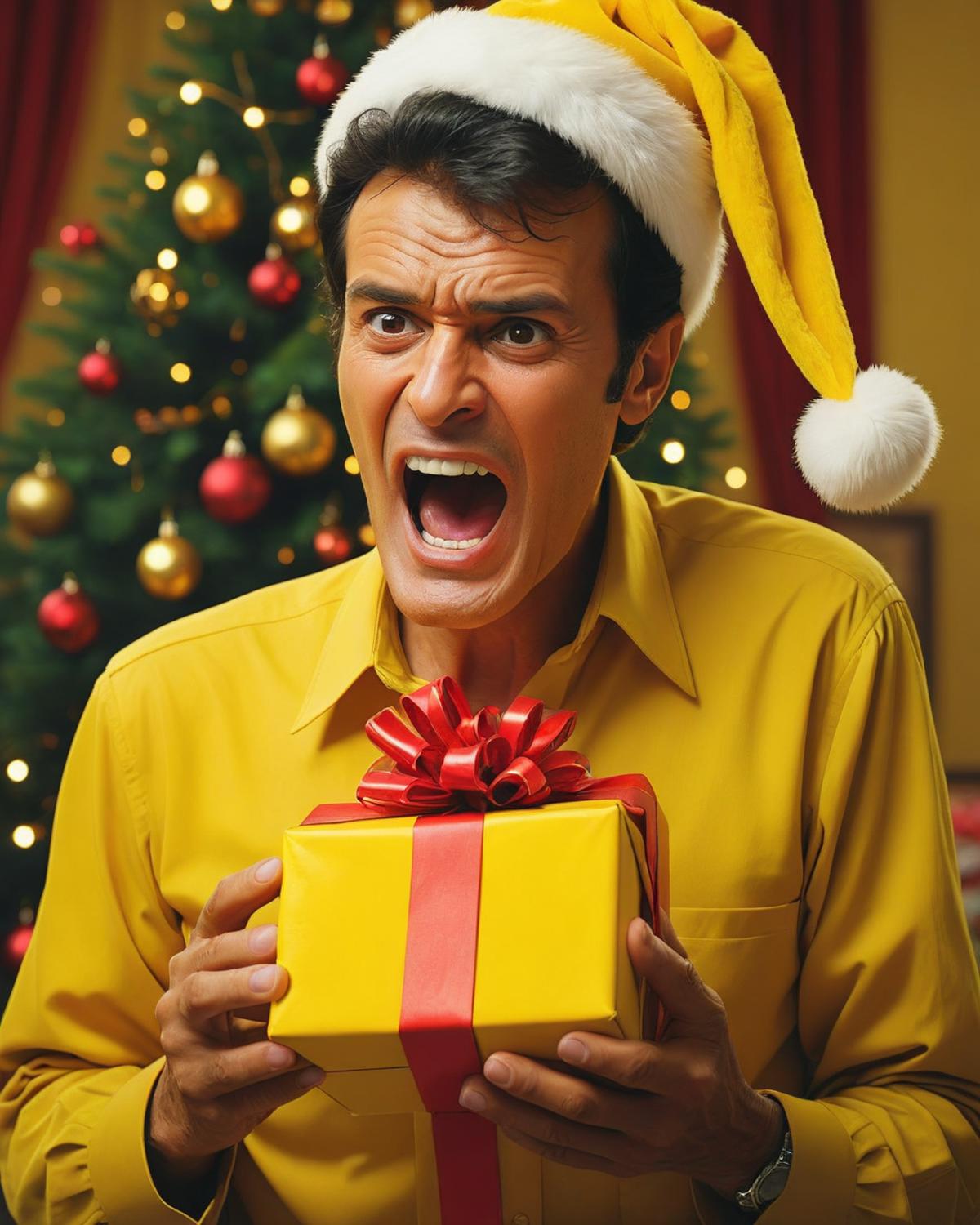 "Abdel Halim Hafez " tearing into a brightly yellow Christmas present. excitement,  holiday season.  delight. <lora:shocke...