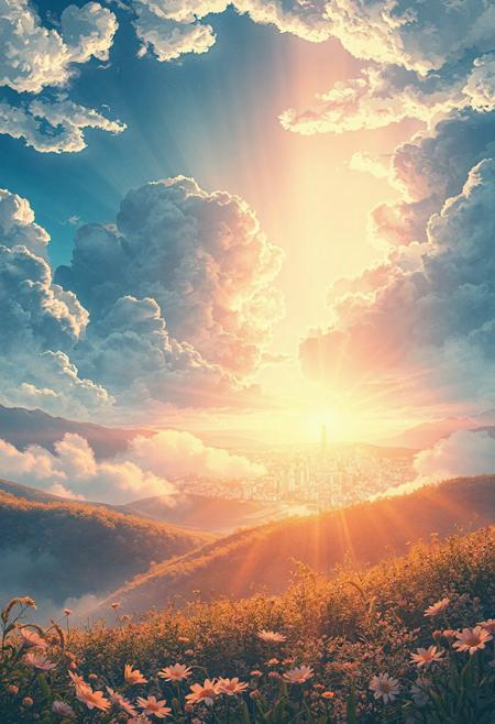 Vertical 9:16 cinematic anime scene, mountaintop view over a glowing city in the distance, slow-moving layers of clouds with dynamic texture and volume, sunlight piercing through in brilliant shimmering rays, soft glow illuminating the hills and rooftops below, flowers gently swaying in the foreground, pastel golden hour palette with blues, soft oranges, and warm pinks, ultra-detailed anime watercolor style, dreamy and emotional motion atmosphere.