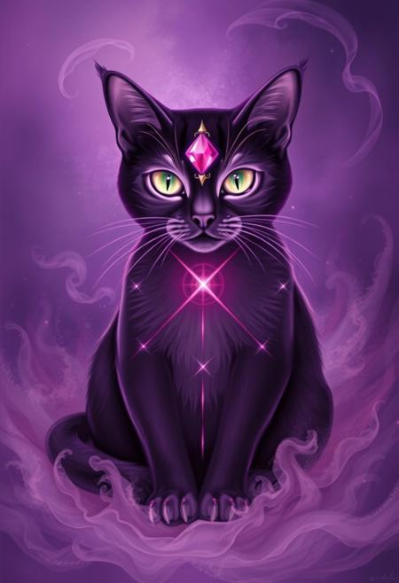 "A mystical, psychic cat, its fur a deep, rich purple, sat serenely amidst a swirling, purple miasma of psychic energy. The cat's eyes, two glowing, psychic orbs, seemed to pierce through the veil of reality, gazing deeply into the soul. Its body, a sleek, feline shape, seemed to be infused with a soft, purple glow, as if its very essence was attuned to the psychic realm. A purple-black gradient psychic jewel, embedded in the cat's forehead, pulsed with an inner light, as if it were the source of its psychic power. The cat's paws, delicate and ethereal, seemed to be weaving a intricate pattern of psychic energy, as if it were casting a spell of mystic wonder. The psychic miasma, a shimmering, iridescent cloud, seemed to respond to the cat's powers, swirling and churning with an otherworldly intensity. The overall effect was one of mystical, feline majesty, as if the cat was a creature of pure, unadulterated psychic energy, à la Pokémon."