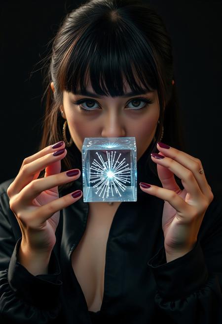 Detailed full body editorial photography,a pitch-black hypercube with no lighting curtain bangs hair and brown eyes eyeliner eyeshadow looking curiously at her hands cupped in front of her holding on to a small hypercube that emits light with the radiance of a thousand suns with half square ricocheting solar filaments , slightly grimacing,  sharp in-focus portrait, dark satin shirt with plunging neckline, sharp focus, digital art, dynamic pose, detailed fashion photography, medium format film effect, deep shadows, oversaturated