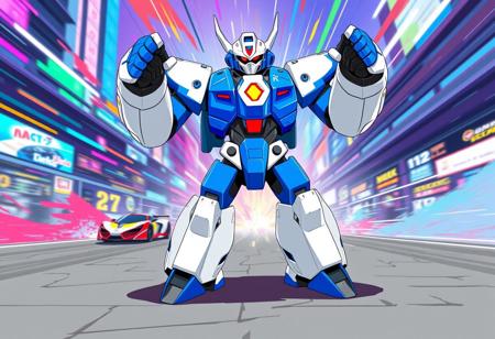 An Ancient Gear Dark Golem robot, strikingly rendered in vibrant blue and white, bursts with energy, standing upright on a stylized gray ground. Its powerful white arms are dramatically extended outwards, and its legs are sharply bent at the knees, embodying an isometric and dynamic action pose of pure readiness for play. A pulsating red light on its chest and another atop its white head with a bold black visor add impactful focal points. The white limbs offer a dynamic contrast to its blue body. The essence is Vivid Emotions and a Joyful Impact, conveying a Powerful Message. Behind it, a stylized, high-energy City Grand Prix explodes with color and motion. The background is a swirl of Harmonious Colors, multi-colored futuristic architecture and speed lines, rendered with a Contemporary Aesthetics and a Beautiful Matte Painting quality. High-res anime concept art, vibrant cel-shaded illustration, Splash Ink Illustration, Grammer Effect Style, Sharp Lines and Brush Strokes, Stunning Colors, Impeccable Composition, Creative Angle, Attractive Background, Balanced Editing, Intentional Focus, Well-timed Moment, High Quality, Super Detailed Face and Eyes and Clothes, Handcrafted with Precision. Dynamic lighting, dramatic motion blurs, crisp outlines, trending on ArtstationHQ, CGSociety, Golden Ratio.