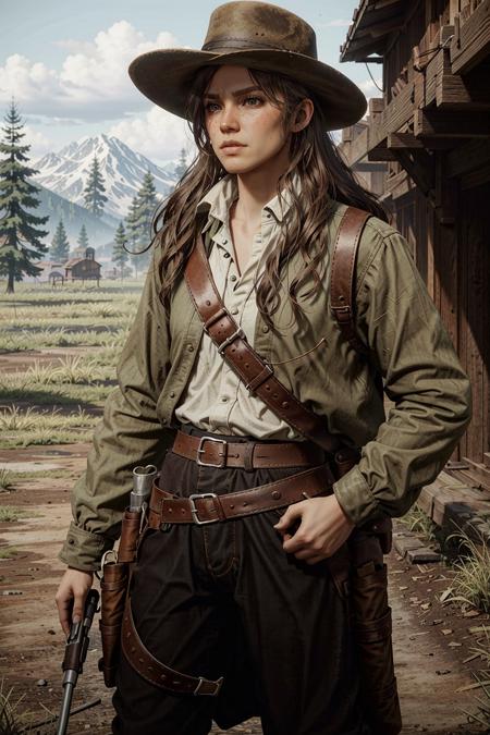 SadieRDR, solo, cowboy western, hat, cowboy hat, male focus, long hair, holster, gun, belt, brown hair, revolver, realistic, handgun
<lora:epi_noiseoffset2:1>,   <lora:SadieRDR:0.7>