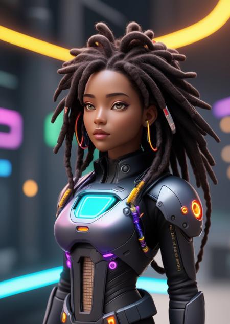 award winning masterpiece character concept art of a beautiful woman dreaming of the matrix, dark skin, ((dreadlocks made of glowing tubed wires)), full body, from above, beautiful, rainbow, colorful, blurry background, highly detailed 8k, portrait studio lighting  octane render trending on artstation made in Maya 4K high quality digital painting, art studio, cyberpunk, overgrown city background, close up, mechanical tubing rainbow colored hair, hooked up to the matrix, sci-fi,